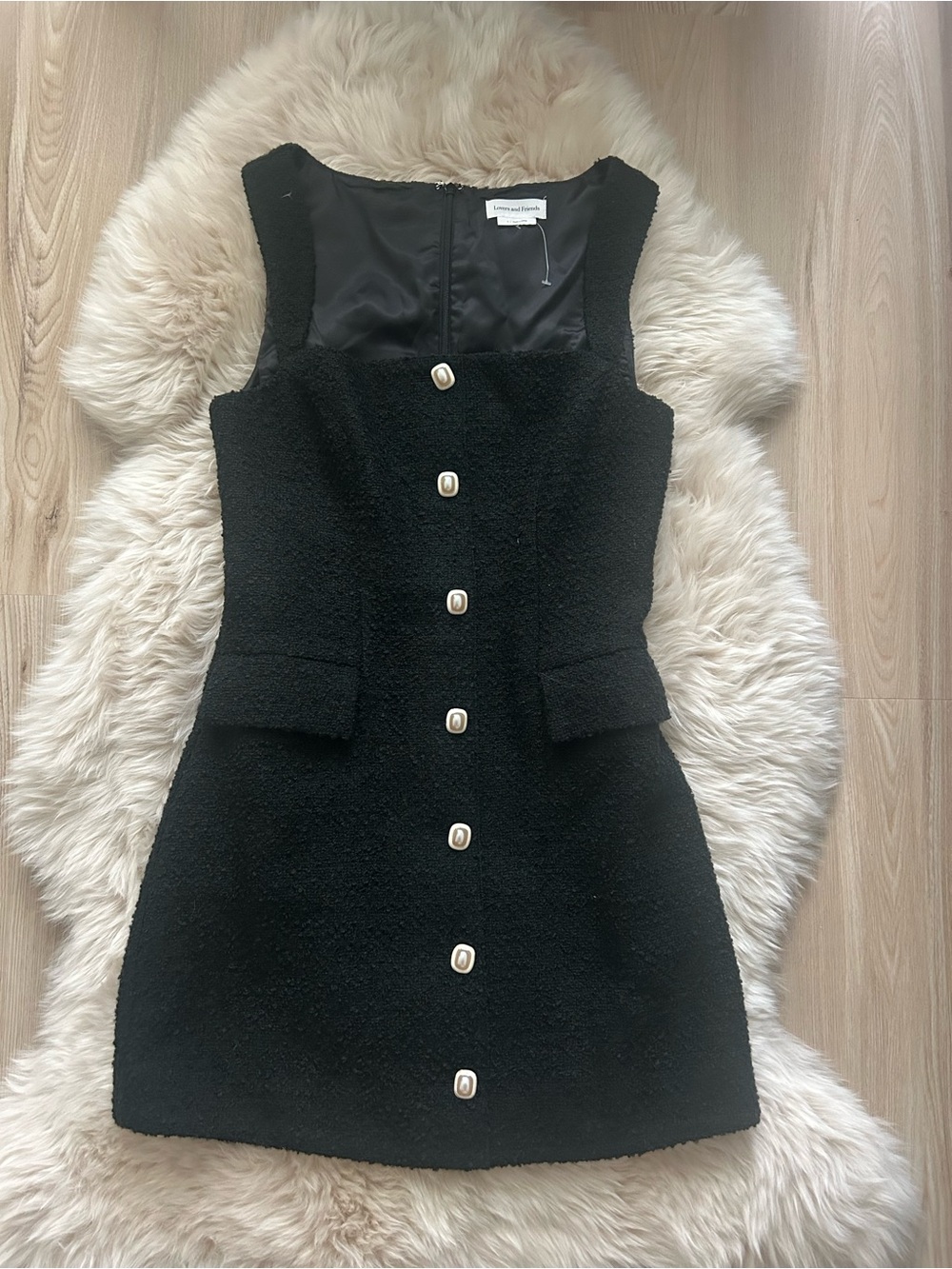 Lovers + Friends Black Bouclé Pearl-Button Mini Dress
